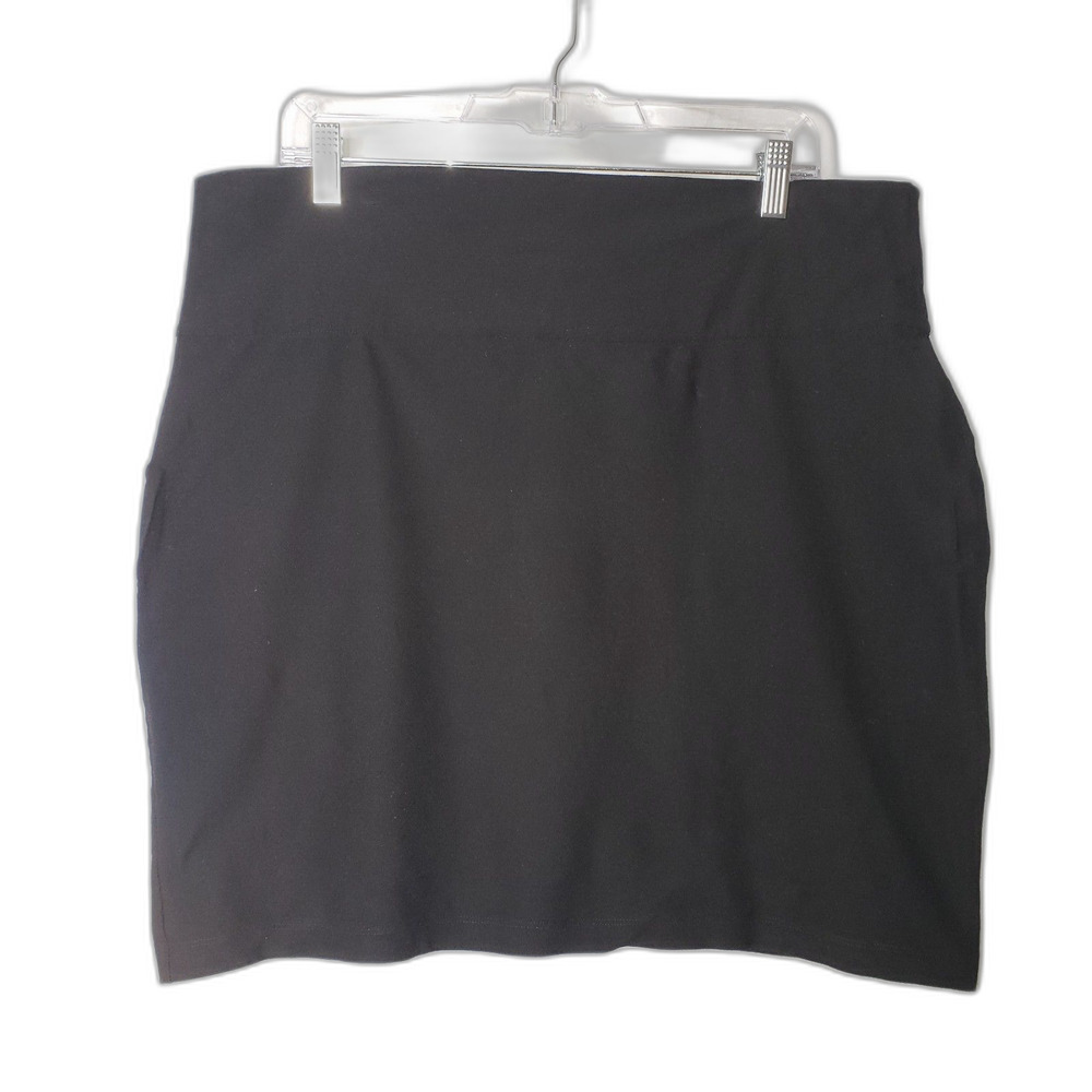 Eileen Fisher Black Viscose Stretch Ponte Fold Over Waist Skirt Womens Large